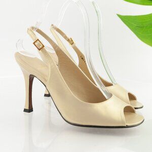 Stuart Weitzman Womens Y2K Sandals Size 7 Gold Leather Slingback Heel Dress Shoe